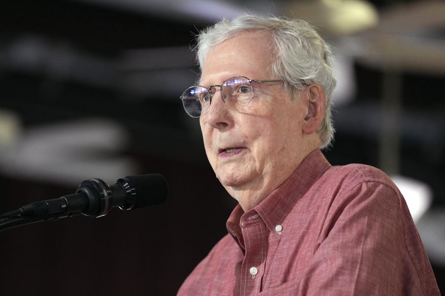 Sen. Mitch McConnell, R-Ky., speaks at the annual Fancy Farm picnic Saturday, Aug. 2, 2025, in Fancy Farm, Ky. (AP Photo/Mark Humphrey)