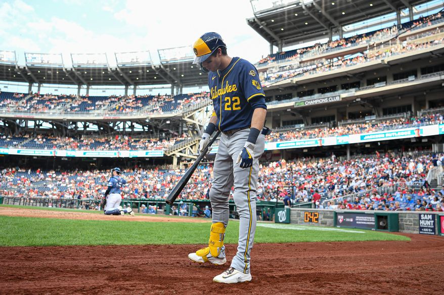 Milwaukee Brewers designated hitter Christian Yelich (22) in the on deck circle during the ninth inning of an MLB game against the Washington Nationals at Nationals Park in Washington D.C., August 2, 2025. (Photo by All-Pro Reels for Washington Times Sports)