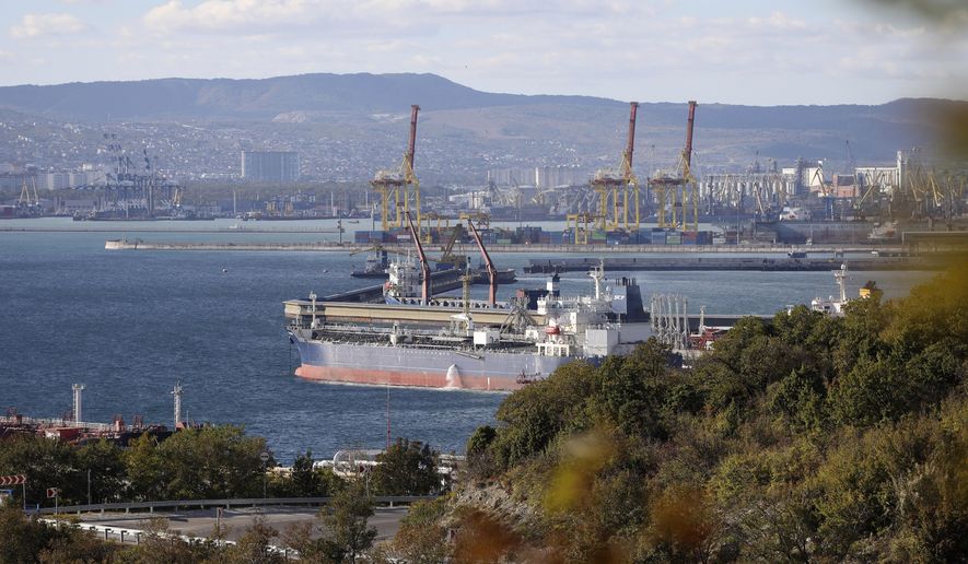 An oil tanker is moored at the Sheskharis complex, part of Chernomortransneft JSC, a subsidiary of Transneft PJSC, in Novorossiysk, Russia, on Oct. 11, 2022, one of the largest facilities for oil and petroleum products in southern Russia. (AP Photo, File)
