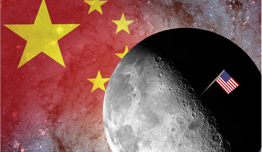 China versus the United States of America and the moon illustration by Alexander Hunter/The Washington Times