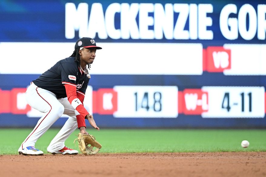 Washington Nationals shortstop C.J. Abrams (5) fielding a ground ball off the bat of Athletics catcher Shea Langeliers (23) during the third inning of an MLB game at Nationals Park in Washington D.C., August 5, 2025. (Photo by All-Pro Reels for Washingto\n Times Sports)