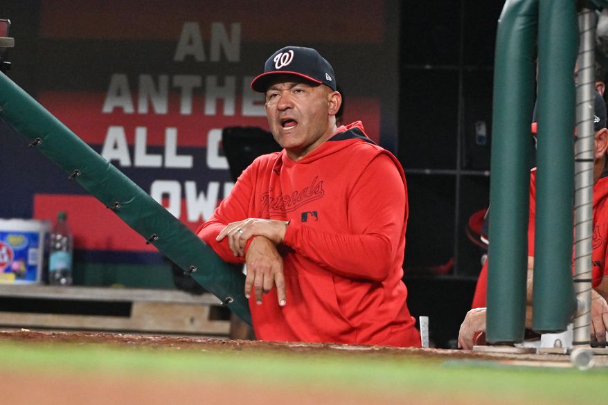 Washington Nationals manager Miguel Cairo (22) in the dugout during the ninth inning of an MLB game against the Athletics at Nationals Park in Washington D.C., August 5, 2025. (Photo by All-Pro Reels for Washingto\n Times Sports)