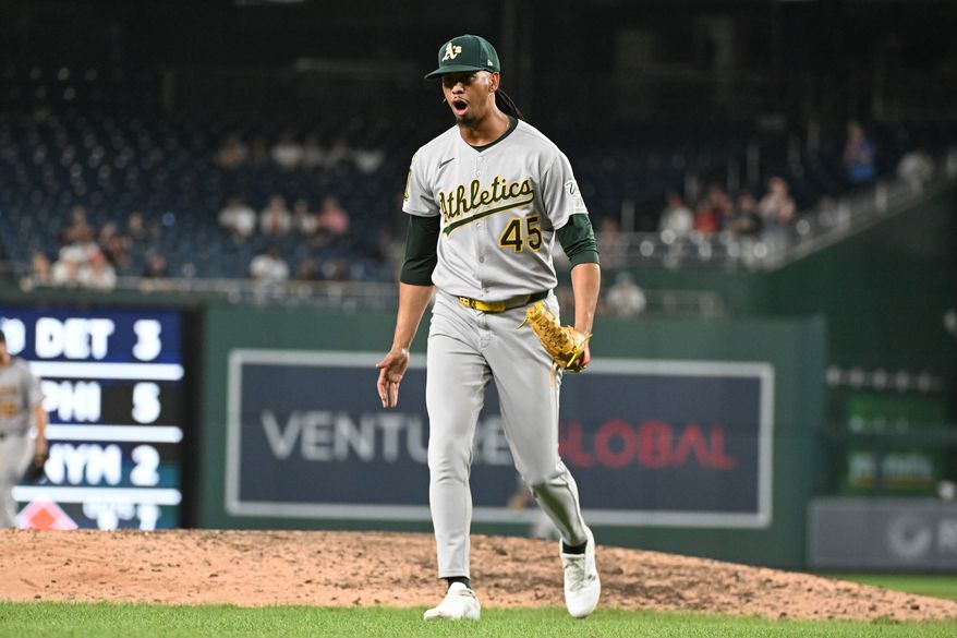 Athletics starting pitcher Osvaldo Bido (45) coming off the mound after getting the last out of the team’s 16-7 victory over the Washington Nationals at Nationals Park in Washington D.C., August 5, 2025. (Photo by All-Pro Reels for Washingto\n Times Sports)