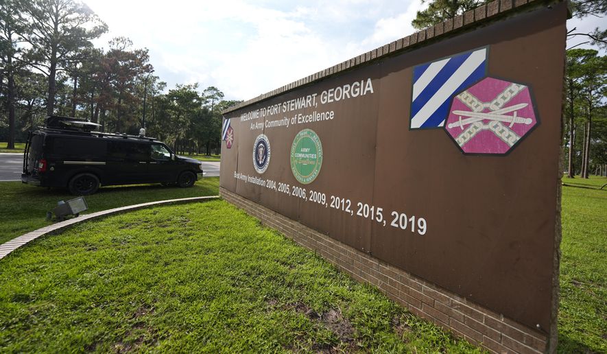 A sign welcoming people to Fort Stewart in Georgia is seen on Wednesday, Aug. 6, 2025. (AP photo/Mike Stewart) **FILE**