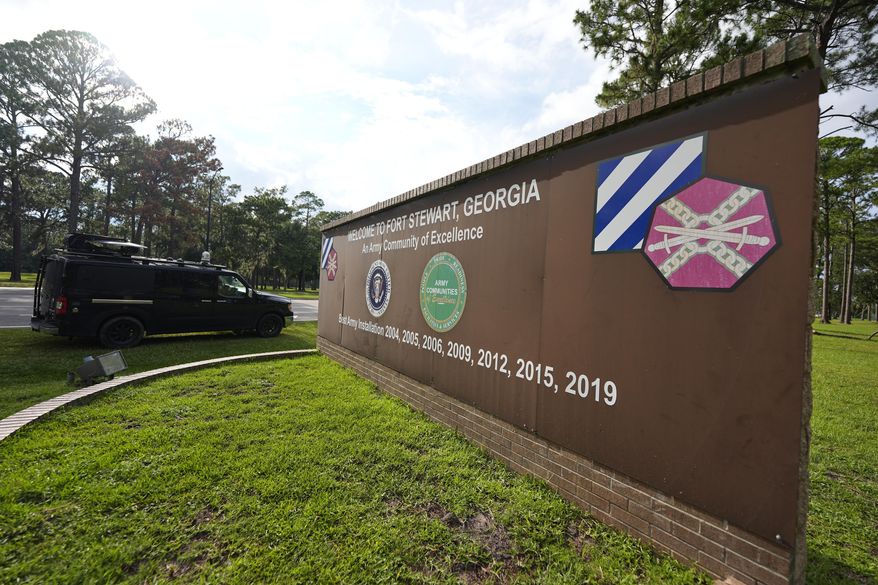 A sign welcoming people to Fort Stewart in Georgia is seen on Wednesday, Aug. 6, 2025. (AP photo/Mike Stewart) **FILE**