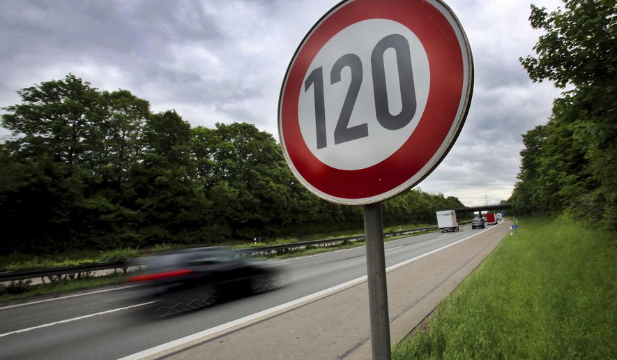 FILE - In this May 15, 2013 file photo a traffic sign indicating a speed limit of 120 km/h (75 mph) is pictured at the highway A59 close to Troisdorf, Germany. (Oliver Berg/dpa via AP, file)