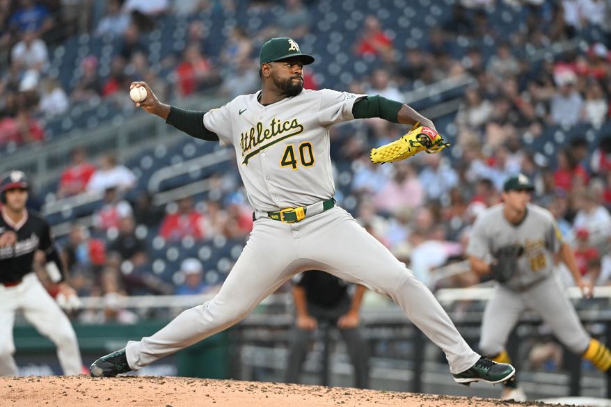 Athletics starting pitcher Luis Severino (40) throwing a pitch during the third inning of an MLB game against the Washington Nationals at Nationals Park in Washington D.C., August 5, 2025. (Photo by All-Pro Reels for Washingto\n Times Sports)