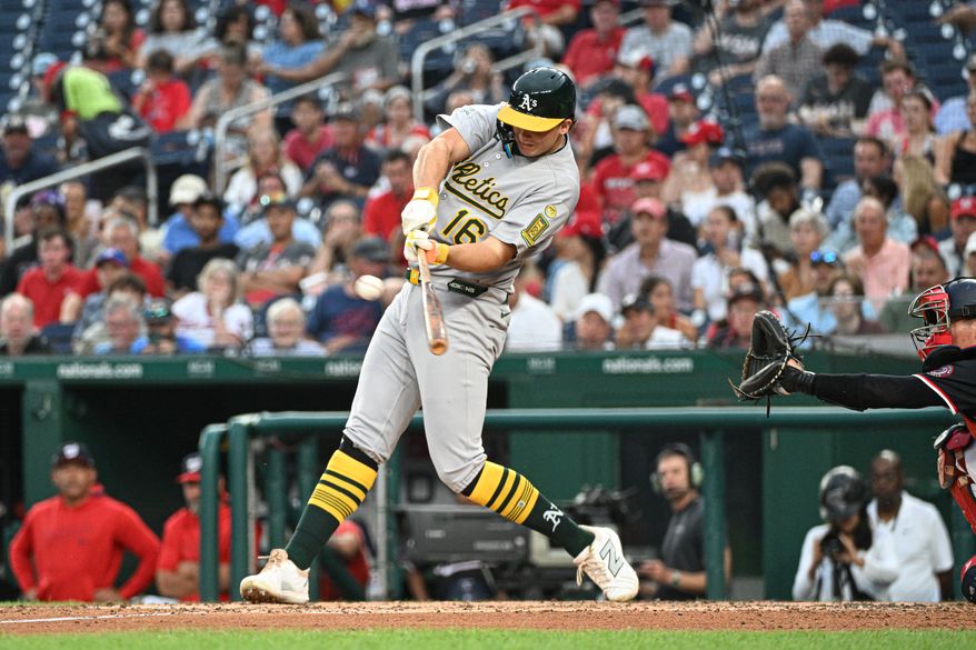 Athletics first baseman Nick Kurtz (16) hitting a double during the fourth inning of an MLB game against the Washington Nationals at Nationals Park in Washington D.C., August 5, 2025. (Photo by All-Pro Reels for Washingto\n Times Sports)