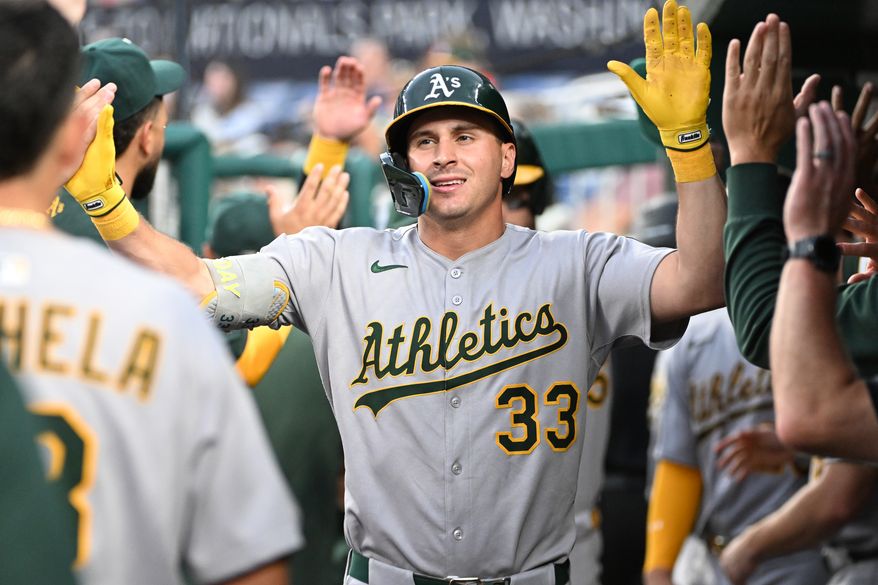 Athletics centerfielder J.J. Bleday (33) in the dugout after hitting a houme run during the fourth inning of an MLB game against the Washington Nationals at Nationals Park in Washington D.C., August 5, 2025. (Photo by All-Pro Reels for Washingto\n Times Sports)