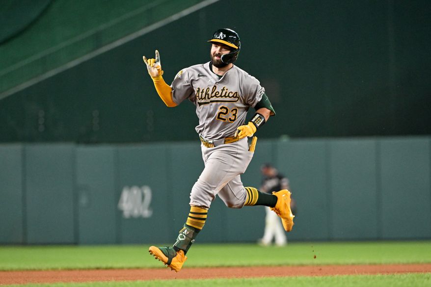 Athletics catcher Shea Langeliers (23) rounding the bases after hitting his third home run of the game during the seventh inning of an MLB game against the Washington Nationals at Nationals Park in Washington D.C., August 5, 2025. (Photo by All-Pro Reels for Washingto\n Times Sports)