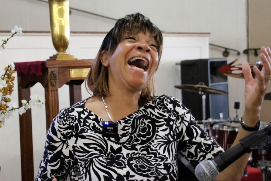 Gwen Davis sings at Berean Baptist Church in the Crown Heights neighborhood of Brooklyn in New York, Thursday, July 31, 2025. (Fiona Murphy/Religion News Service via AP)