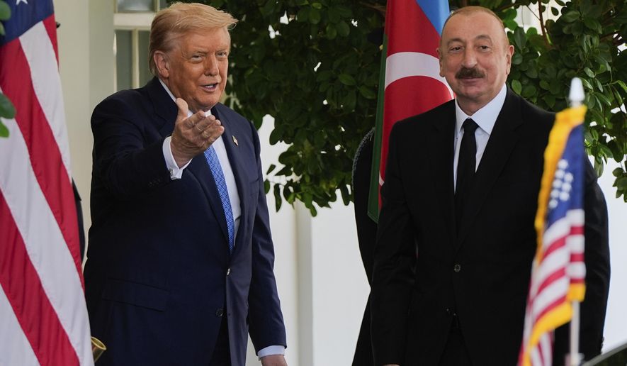 President Donald Trump greets Azerbaijan's President Ilham Aliyev at the White House, Friday, Aug. 8, 2025, in Washington. (AP Photo/Julia Demaree Nikhinson) **FILE**