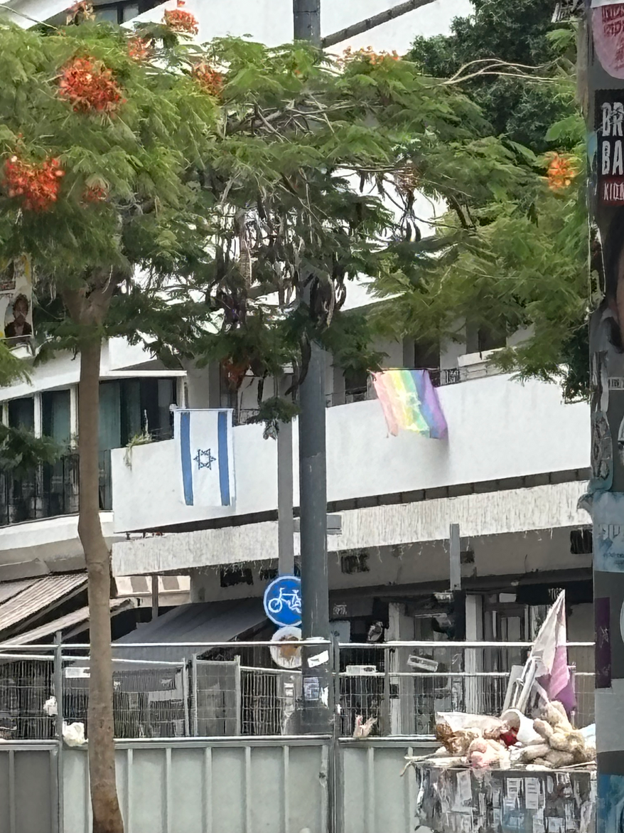 TEL AVIV — Even in Israel, the LGBTQ campaign shows a presence. These flags fly in the area of Menachem Begin Road in Tel Aviv. August 9, 2025. Photo Credit: Cheryl Chumley / The Washington Times