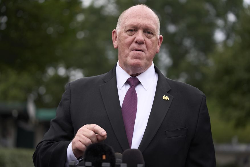 White House border czar Tom Homan speaks with reporters at the White House, Aug. 6, 2025, in Washington. (AP Photo/Evan Vucci, File)