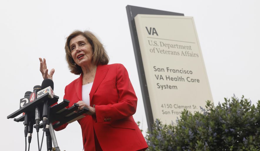 Democratic Rep. Nancy Pelosi speaks on the corner of Clement Street and 42nd Avenue after touring the San Francisco VA Medical Center and meeting VA officials to mark House Democrats' Honor Our Veterans Day of Action on Thursday, Aug. 7, 2025, in San Francisco. (Lea Suzuki/San Francisco Chronicle via AP) **FILE**