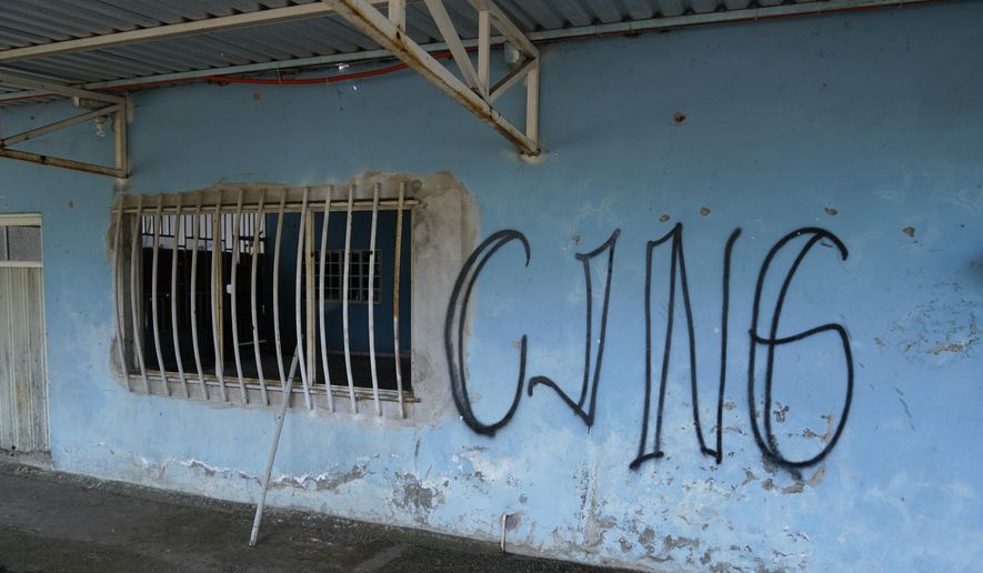 The letters "CJNG" for the group's formal name, Jalisco New Generation Cartel, cover the facade of an abandoned home in El Limoncito, in the Michoacan state of Mexico, Oct. 30, 2021. (AP Photo/Eduardo Verdugo, File)