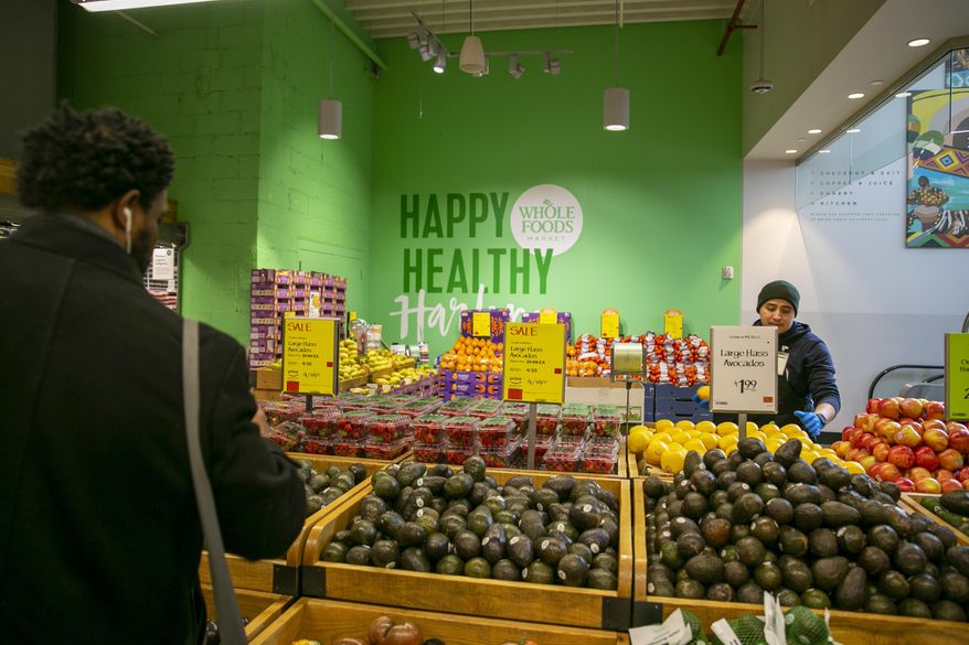 A Whole Foods Market grocery store is shown in the Harlem neighborhood of New York City on March 3, 2023. (AP Photo/Ted Shaffrey) ** FILE **