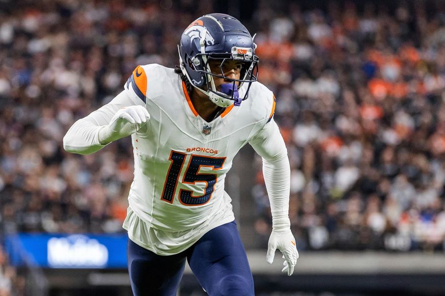 FILE - Denver Broncos linebacker Nik Bonitto (15) plays against the Las Vegas Raiders in an NFL football game, Sunday, Nov. 24, 2024, in Las Vegas. Bro (AP Photo/Jeff Lewis, File)