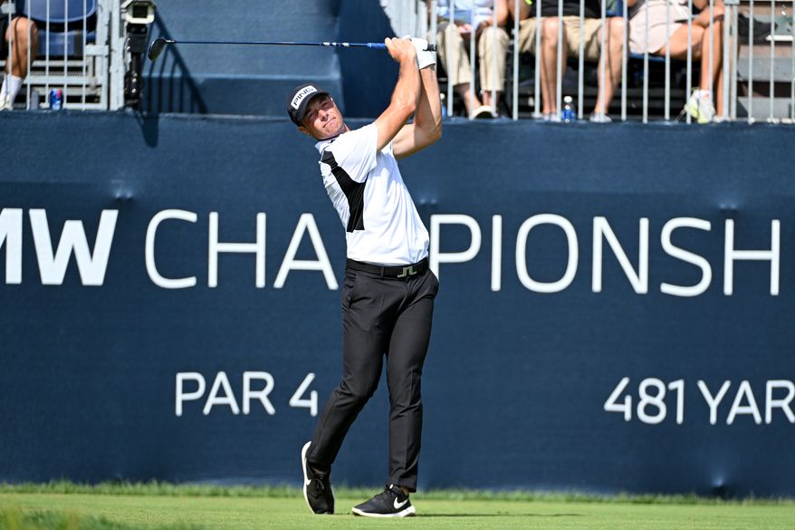 Viktor Hovland of Norway tees off on the first hole during the first round of the PGA Tour's BMW Championship on Thursday, Aug. 14, 2025, in Owings Mills, Maryland. (All-Pro Reels)