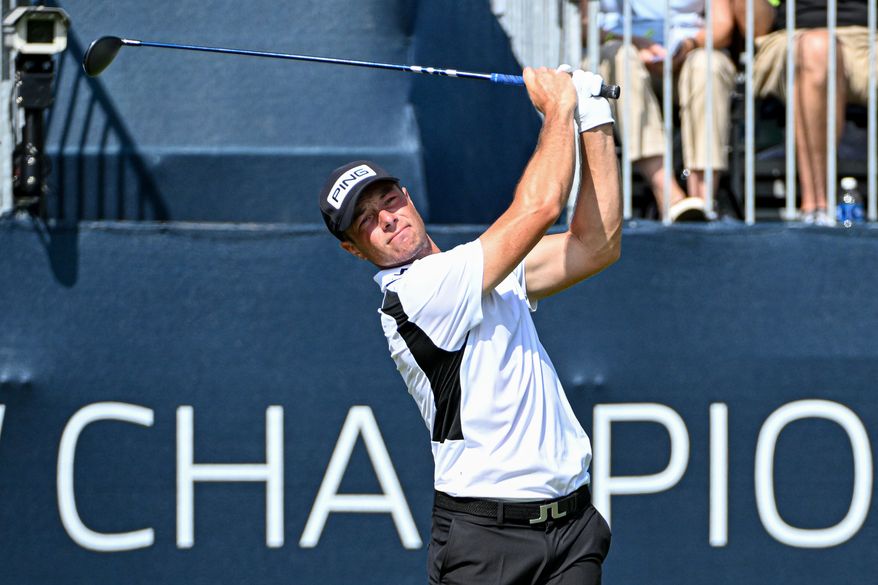 Viktor Hovland of Norway tees off on the first hole during the first round of the PGA Tour's BMW Championship on Thursday, Aug. 14, 2025, in Owings Mills, Maryland. (All-Pro Reels)
