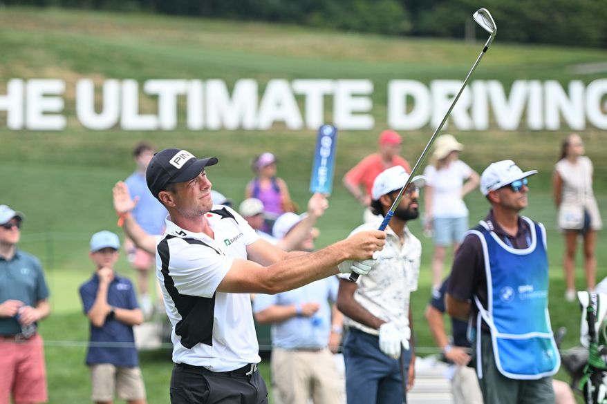 Viktor Hovland of Norway tees off on the 17th hole during the first round of the PGA Tour's BMW Championship on Thursday, Aug. 14, 2025, in Owings Mills, Maryland. (All-Pro Reels)