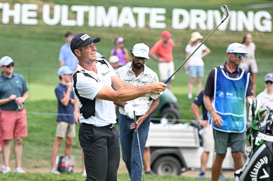 Viktor Hovland of Norway tees off on the first hole during the first round of the PGA Tour's BMW Championship on Thursday, Aug. 14, 2025, in Owings Mills, Maryland. (All-Pro Reels)