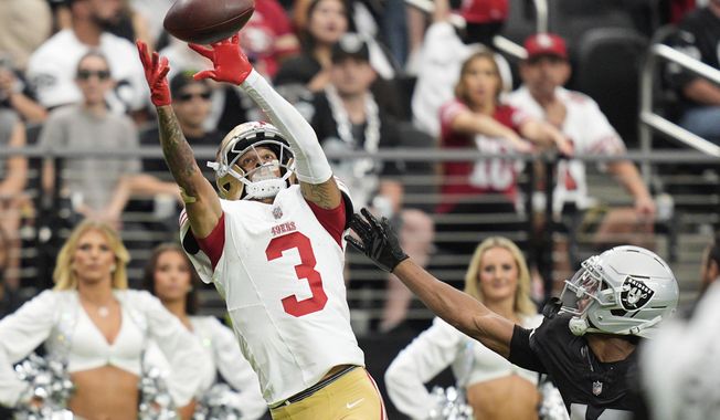San Francisco 49ers wide receiver Robbie Chosen (3) misses on a catch attempt during the second half of a preseason NFL football game against the Las Vegas Raiders, Saturday, Aug. 16, 2025, in Las Vegas. (AP Photo/John Locher)