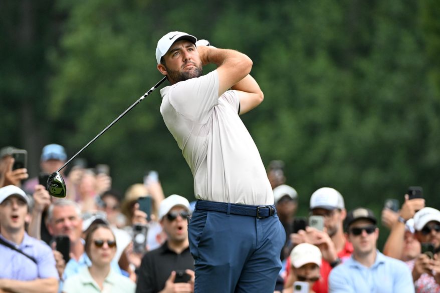 Scottie Scheffler hitting his tee shot on the second hole during the third round of the BMW Championship at Caves Valley Golf Club in Owings Mills, MD, August 16, 2025 (Photo by All-Pro Reels for the Washington Times)