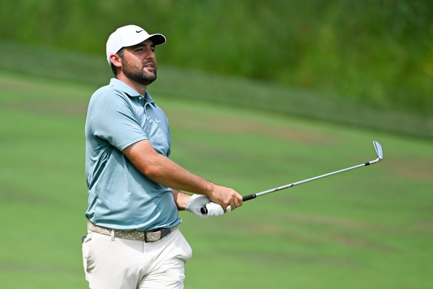 Scottie Scheffler following through after hitting his second shot on the second hole during the final round of the BMW Championship at Caves Valley Golf Club in Owings Mills, MD, August 17, 2025 (Photo by All-Pro Reels for the Washington Times)