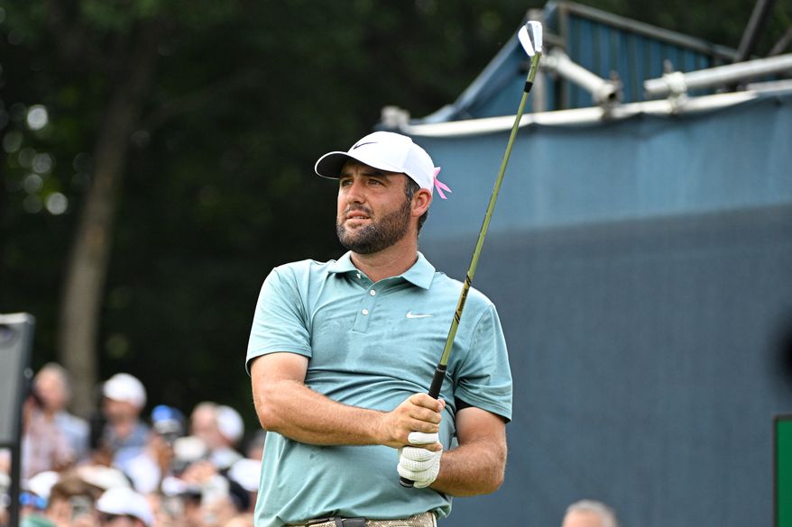 Scottie Scheffler following through after hitting his tee shot on the third hole during the final round of the BMW Championship at Caves Valley Golf Club in Owings Mills, MD, August 17, 2025 (Photo by All-Pro Reels for the Washington Times)