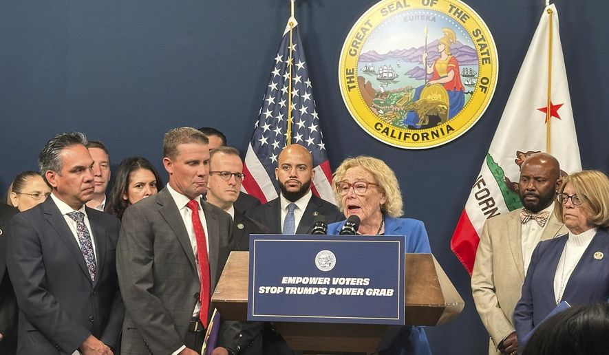 California Rep. Zoe Lofgren joins Democratic state leaders in announcing a legislative package to advance a partisan effort to redraw California congressional map at a press conference on Monday, Aug. 18, 2025, in Sacramento, Calif. (AP Photo/Tran Nguyen)