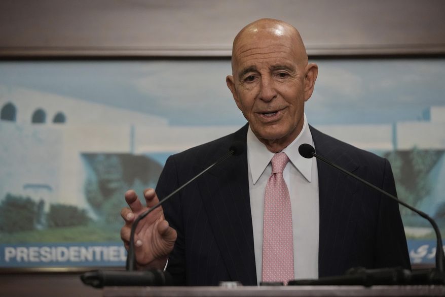U.S. Ambassador to Turkey and Special Envoy to Syria Tom Barrack, speaks during a press conference after his meeting with Lebanese President Joseph Aoun at the presidential palace, in Baabda, east of Beirut, Lebanon, Monday, Aug. 18, 2025. (AP Photo/Hussein Malla)