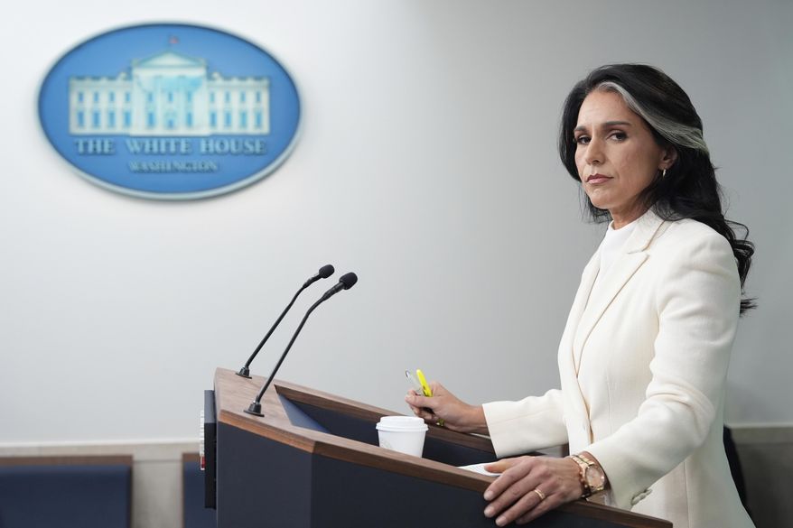 Director of National Intelligence Tulsi Gabbard, speaks with reporters in the James Brady Press Briefing Room at the White House, Wednesday, July 23, 2025, in Washington. (AP Photo/Alex Brandon)