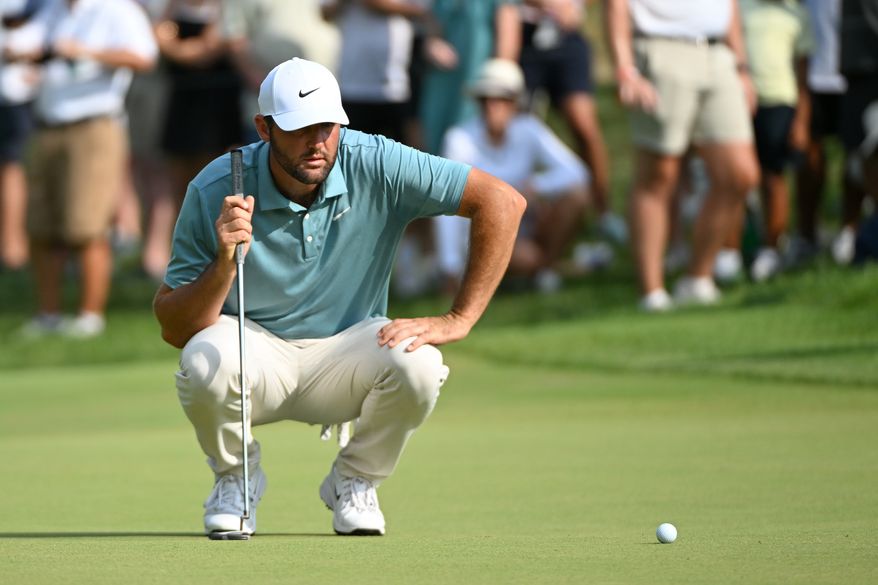 Scottie Scheffler lining up a putt during the final round of the BMW Championship at Caves Valley Golf Club in Owings Mills, MD, August 17, 2025 (Photo by All-Pro Reels for the Washington Times)