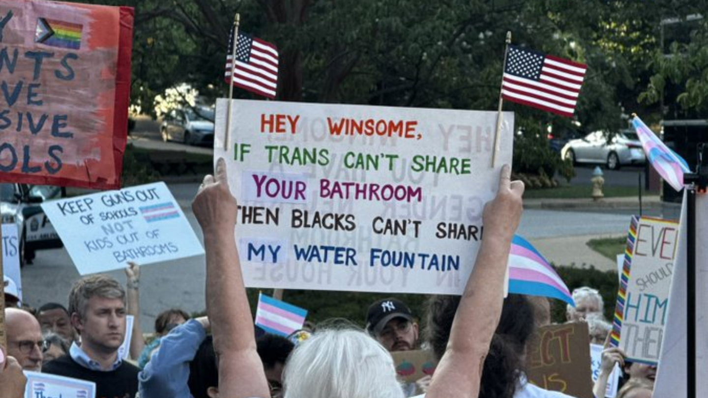 Protester compares Earle-Sears' bathroom stand to Jim Crow water fountains