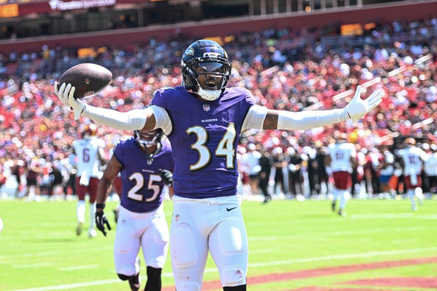 Baltimore Ravens cornerback Thomas Graham Jr. (34) celebrating after making an interception during the second half of an NFL preseason game against the Washington Commanders at Northwest Stadium in Landover, MD, August 23, 2025. (Photo for the Washington Times)