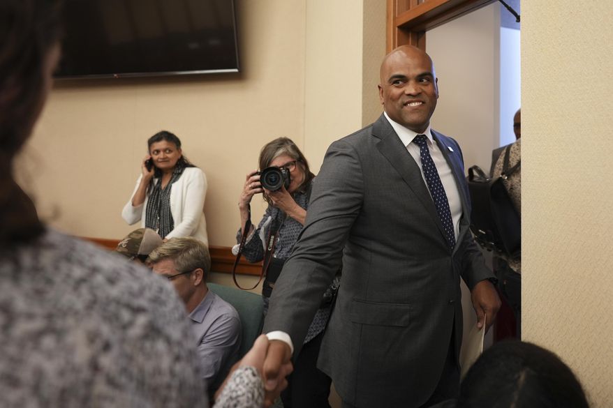 Colin Allred, right, attends a public hearing on congressional redistricting at the Texas Capitol in Austin, Texas, Aug. 1, 2025. (AP Photo/Eric Gay, File)