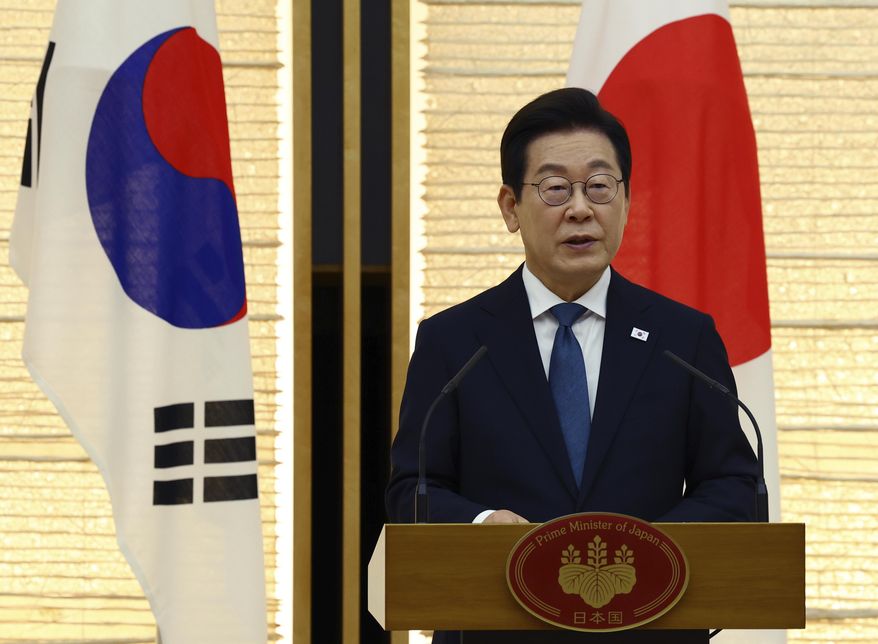 South Korean President Lee Jae-myung speaks at a joint press announcement with Japan's Prime Minister Shigeru Ishiba (not in the picture) after the summit in Tokyo, Saturday, Aug. 23, 2025. (Kim Kyung-Hoon/Pool Photo via AP)