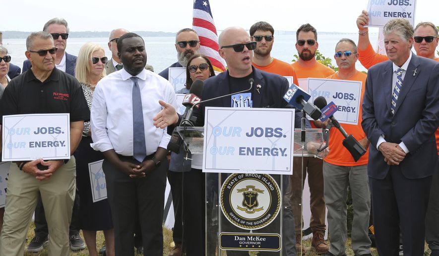 Patrick Crowley, president of the Rhode Island AFL-CIO, calls on the Trump administration to allow work to resume on the Revolution Wind offshore wind farm during a news conference in North Kingstown, R.I., Monday, Aug. 25, 2025. (AP Photo/Jennifer McDermott)