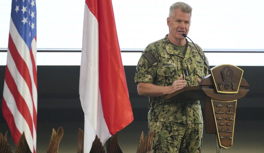 Commander of US Indo-Pacific Command Adm. Samuel Paparo delivers a speech during the opening ceremony of Super Garuda Shield 2025, an Indonesia-US annual large-scale joint military exercise that brings together forces from multiple countries, in Jakarta, Indonesia Monday, Aug. 25, 2025. (AP Photo/Tatan Syuflana)