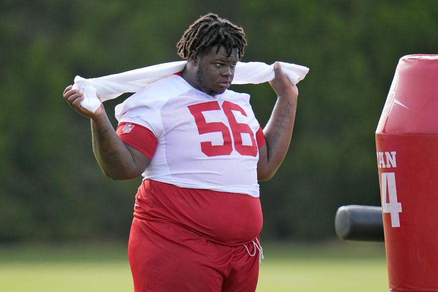 FILE - Tampa Bay Buccaneers defensive tackle Desmond Watson watches from the sideline during practice at NFL football training camp, Wednesday, July 23, 2025, in Tampa, Fla. (AP Photo/Chris O'Meara, File)