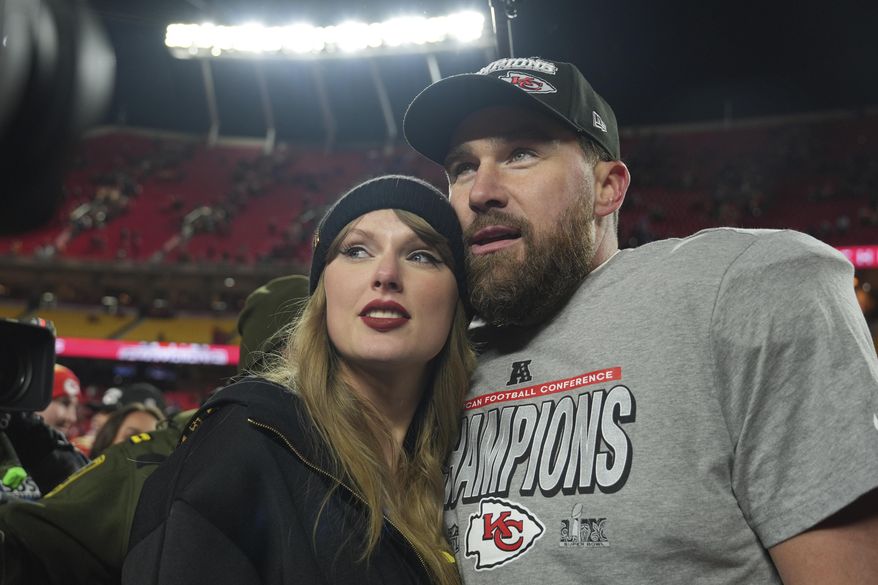 Kansas City Chiefs tight end Travis Kelce, right, is congratulated by Taylor Swift as they celebrate the Chiefs victory over the Buffalo Bills in the AFC Championship NFL football game, Jan. 26, 2025, in Kansas City, Mo. (AP Photo/Charlie Riedel, File)