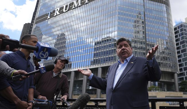 Illinois Governor JB Pritzker speaks at a news conference in a Chicago water taxi Monday, Aug. 25, 2025, in Chicago. (AP Photo/Nam Y. Huh)