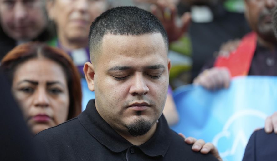 Kilmar Abrego Garcia attends a protest rally at the Immigration and Customs Enforcement field office in Baltimore, Monday, Aug. 25, 2025, to support Abrego Garcia. (AP Photo/Stephanie Scarbrough)