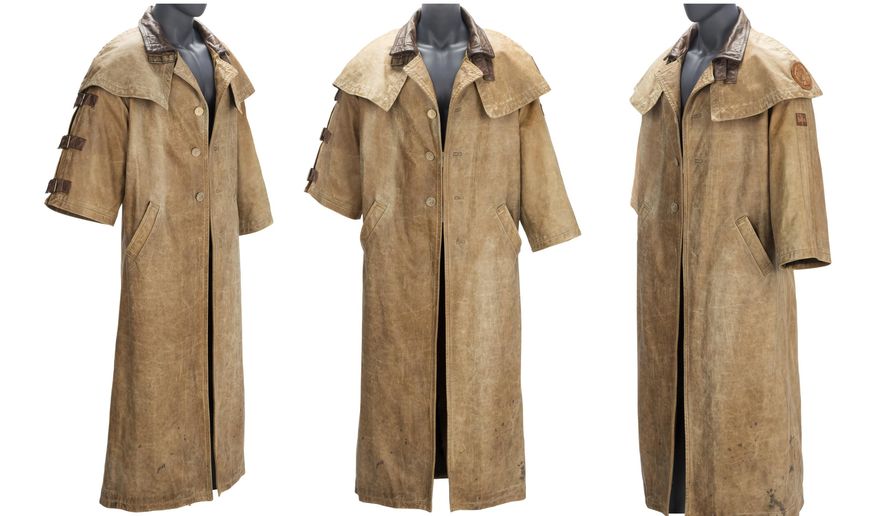 This combination of images released by Heritage Auctions shows various angles of a leather duster trench coat worn by actor Ron Perlman in "Hellboy," an item up for auction from the collection of filmmaker Guillermo del Toro. (Heritage Auctions via AP)