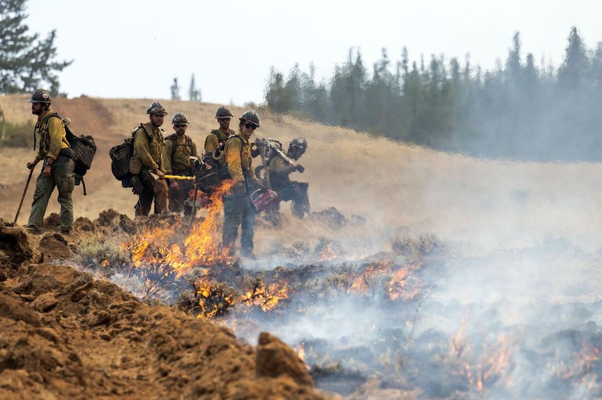 A wildland fire crew looks on after setting a fire line on Harlow Ridge above the Lick Creek Fire, July 12, 2021, south of Asotin, Wash. (Pete Caster/Lewiston Tribune via AP, File)
