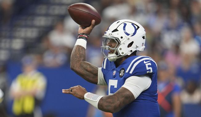 Indianapolis Colts quarterback Anthony Richardson Sr. throws during the first half of a preseason NFL football game against the Green Bay Packers, Saturday, Aug. 16, 2025, in Indianapolis. (AP Photo/Michael Conroy)