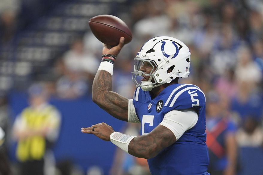 Indianapolis Colts quarterback Anthony Richardson Sr. throws during the first half of a preseason NFL football game against the Green Bay Packers, Saturday, Aug. 16, 2025, in Indianapolis. (AP Photo/Michael Conroy)