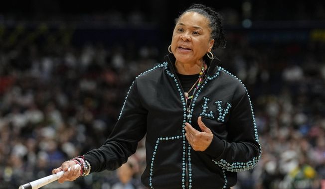 South Carolina head coach Dawn Staley reacts during the first half of the national championship game against UConn at the Final Four of the women's NCAA college basketball tournament, April 6, 2025, in Tampa, Fla. (AP Photo/Chris O'Meara, File) **FILE**