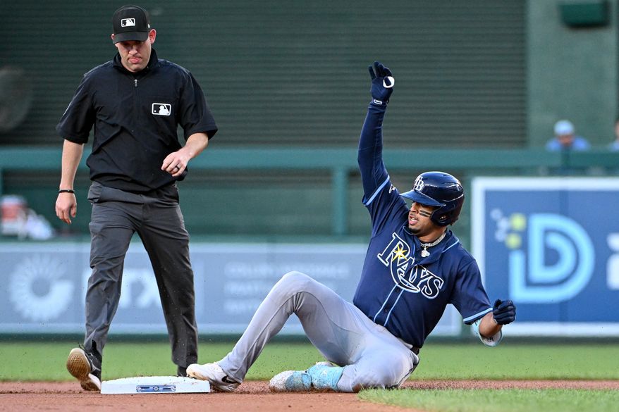 Tampa Bay Rays designated hitter Christopher Morel (24) sliding into second with a double during the first inning of an MLB game against the Washington Nationals at Nationals Park in Washington D.C., August 29, 2025. (Photo by All-Pro Reels for Washington Times Sports)